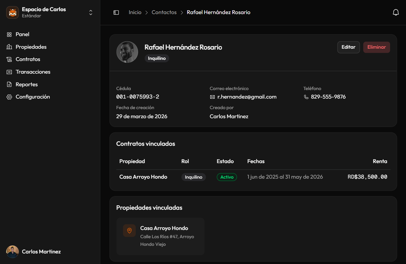 Perfil de inquilino con contratos vinculados y lista de requisitos de garante