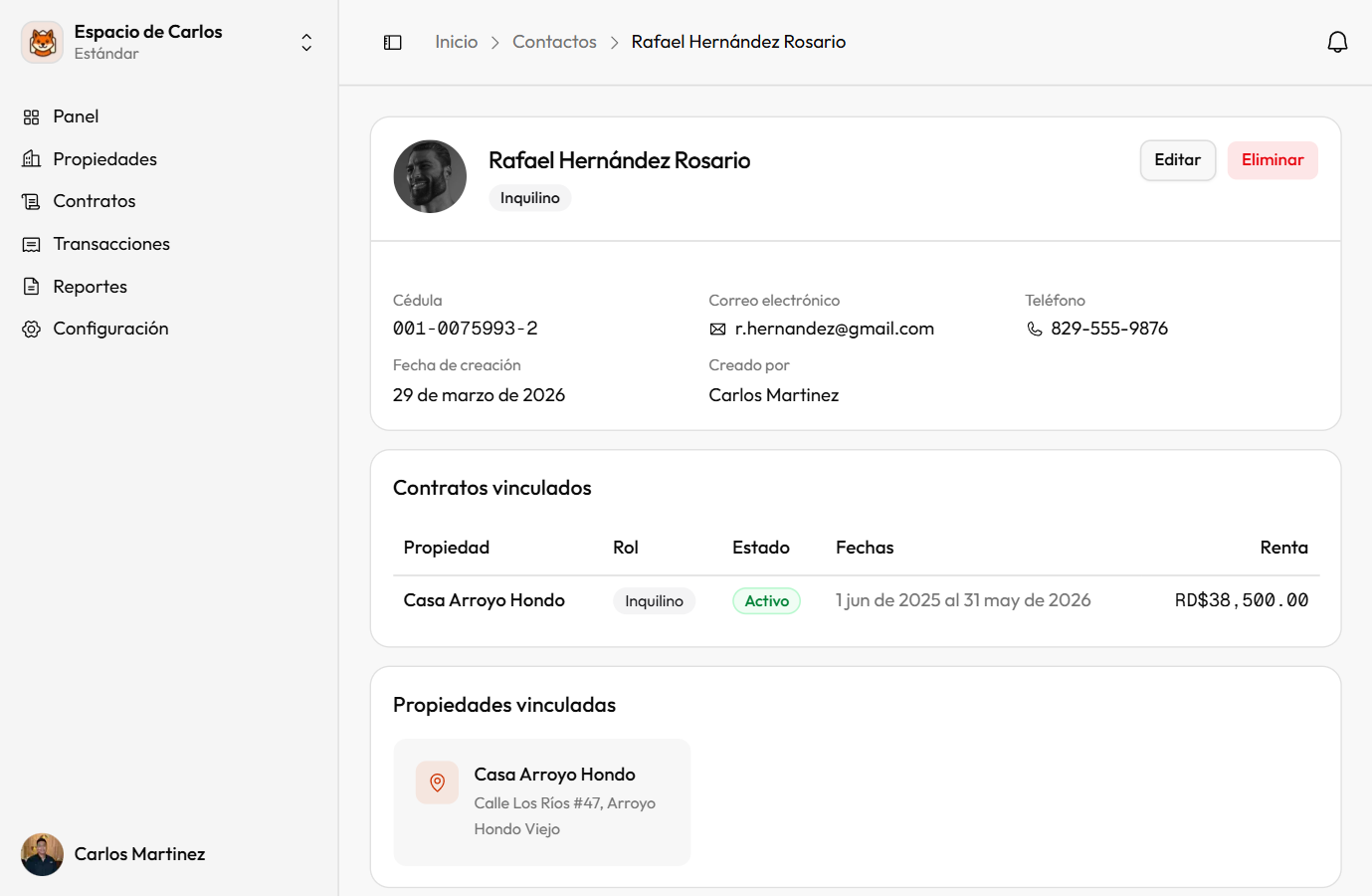 Perfil de inquilino con contratos vinculados y lista de requisitos de garante