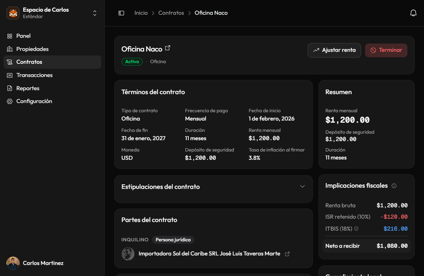 Detalle de contrato mostrando términos, inquilino y historial de ajustes de renta