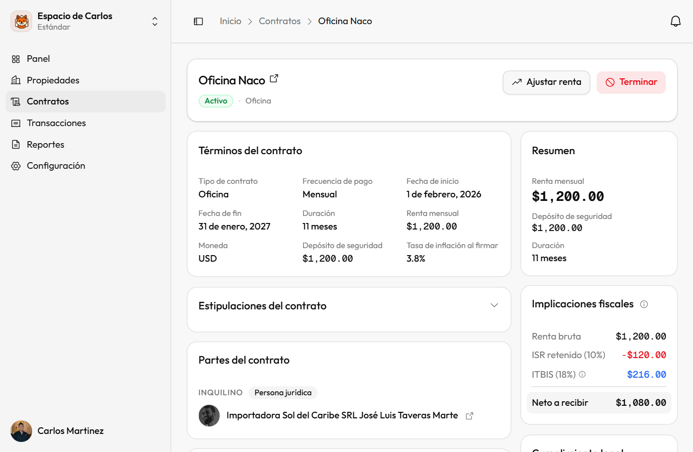 Detalle de contrato mostrando términos, inquilino y historial de ajustes de renta