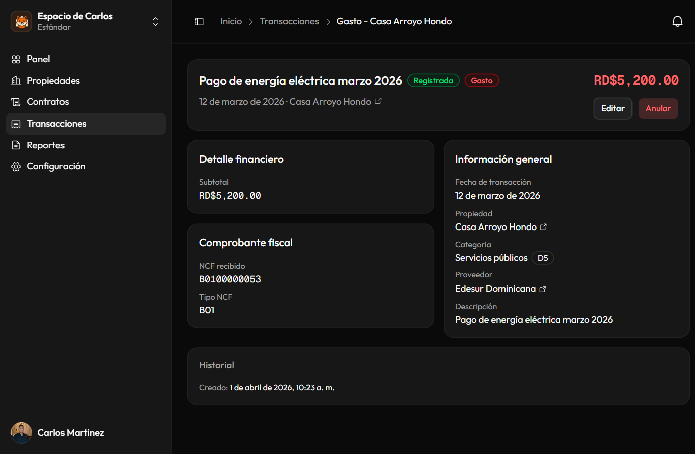 Detalle de transacción con desglose de ITBIS, tasa de cambio y retenciones ISR